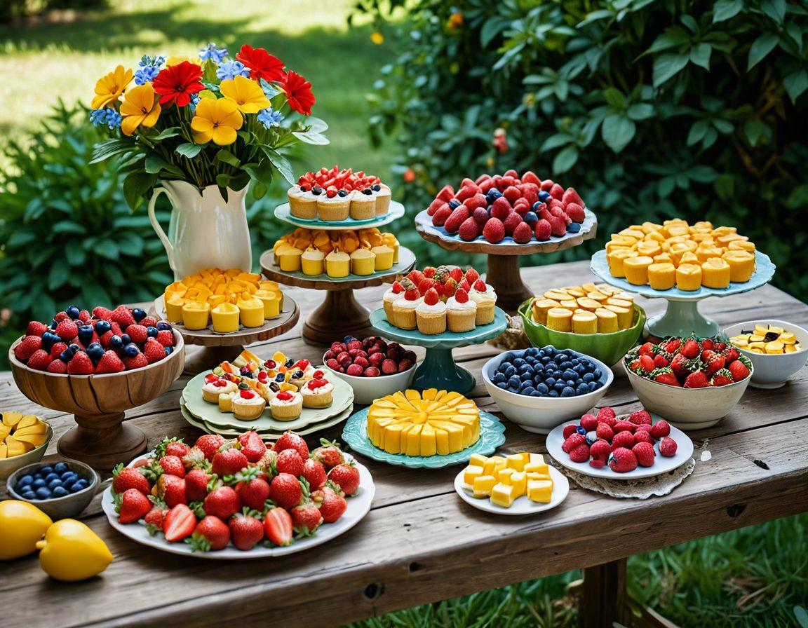 A vibrant summer scene showcasing an assortment of colorful and delicious pudim desserts and chilled treats on a rustic wooden table. Gentle sunlight filtering through green leaves, illuminating the glossy surfaces of the desserts. Include fresh fruits and edible flowers for a touch of elegance, with a soft-focus background of a sunny garden. super-realistic. vibrant colors. bright and airy atmosphere.